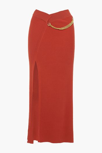 NICHOLAS Gisele chain-embellished ribbed-knit midi skirt