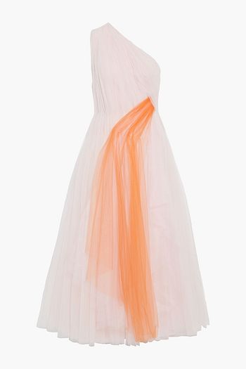 CAROLINA HERRERA One-shoulder two-tone plissé-tulle gown