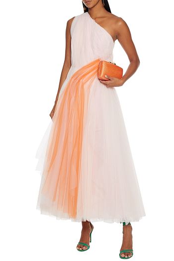 CAROLINA HERRERA One-shoulder two-tone plissé-tulle gown