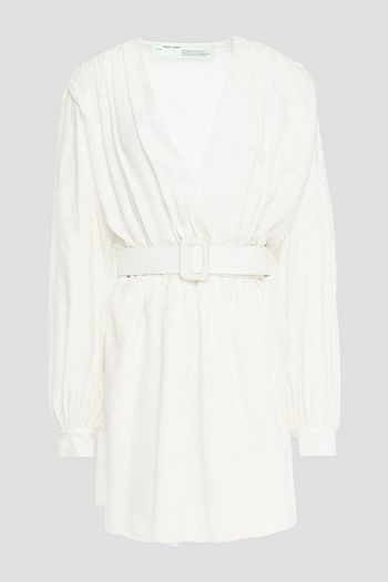 OFF-WHITE™ Wrap-effect belted satin-jacquard mini dress