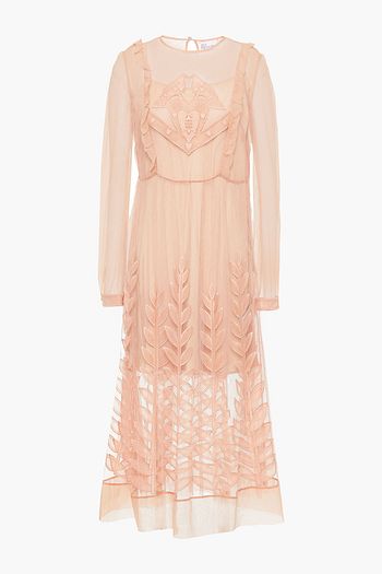 REDVALENTINO Ruffle-trimmed embroidered silk point d'esprit midi dress