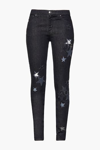 REDVALENTINO Appliquéd distressed metallic mid-rise slim-leg jeans
