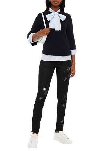REDVALENTINO Appliquéd distressed metallic mid-rise slim-leg jeans