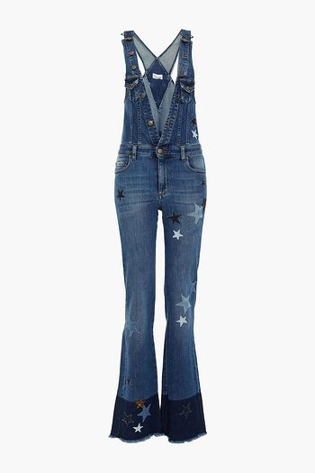 REDVALENTINO Appliquéd distressed printed denim overalls