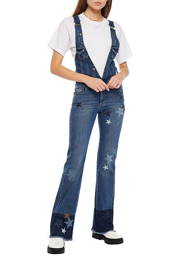 REDVALENTINO Appliquéd distressed printed denim overalls