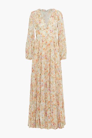 ML MONIQUE LHUILLIER Pleated floral-print crepe de chine maxi dress