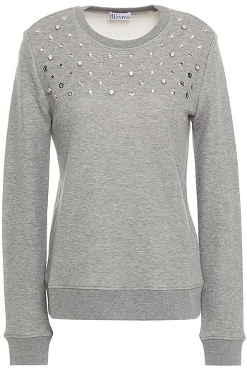 REDVALENTINO Embellished mélange French cotton-blend terry sweatshirt