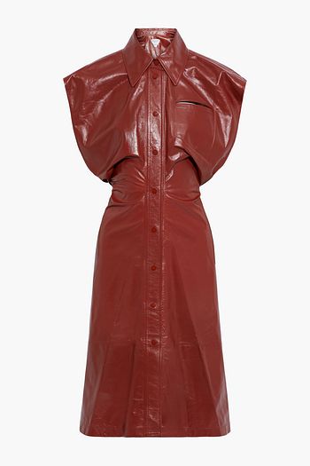 BOTTEGA VENETA Cutout gathered glossed-leather midi shirt dress