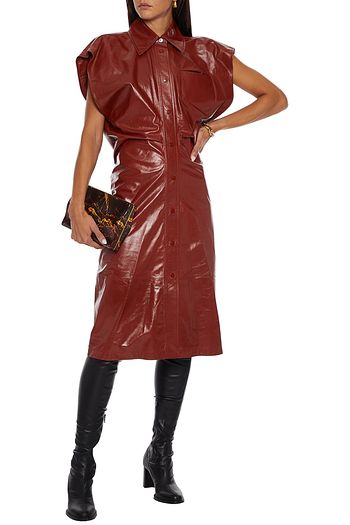 BOTTEGA VENETA Cutout gathered glossed-leather midi shirt dress
