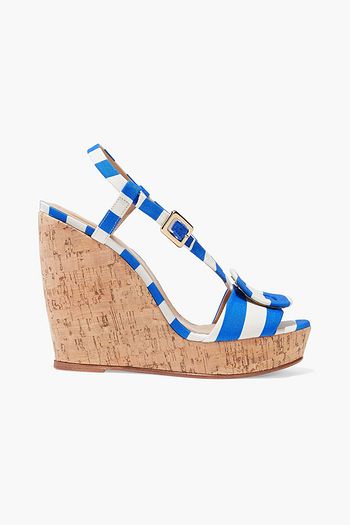 ROGER VIVIER Buckle-embellished striped canvas wedge sandals