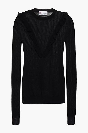 REDVALENTINO Ruffled open-knit cotton-blend sweater