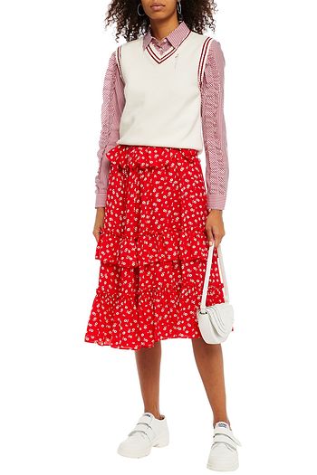 ALEXACHUNG Daisy tiered floral-print satin skirt