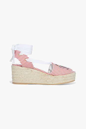ROGER VIVIER Blooming Rv embroidered striped canvas espadrille wedge sandals