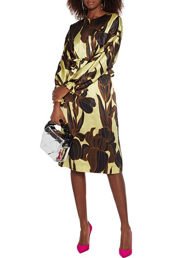 DRIES VAN NOTEN Ruffle-trimmed printed silk-satin midi dress