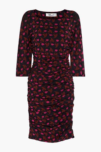 DIANE VON FURSTENBERG Alfie ruched printed stretch-mesh mini dress