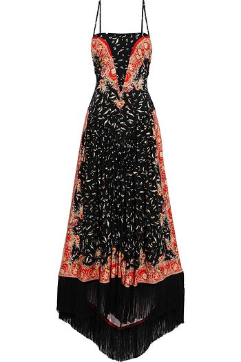 PACO RABANNE Asymmetric fringe-trimmed printed satin-jersey maxi dress