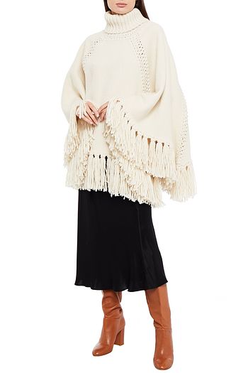 ZIMMERMANN Poncho aus Jacquard-Strick mit Fransen und Rollkragen