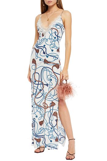 DUNDAS Lace-trimmed printed crepe de chine maxi slip dress