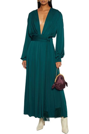 OSCAR DE LA RENTA Belted pleated crepe de chine maxi dress