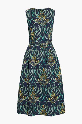 OSCAR DE LA RENTA Flared belted printed jacquard midi dress