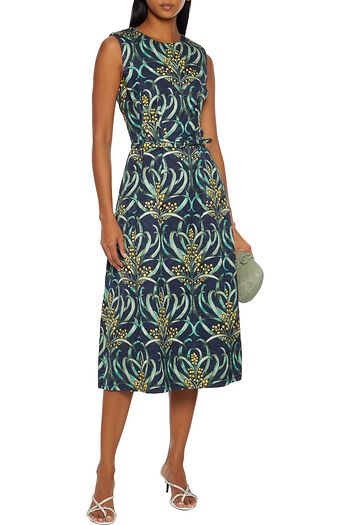 OSCAR DE LA RENTA Flared belted printed jacquard midi dress