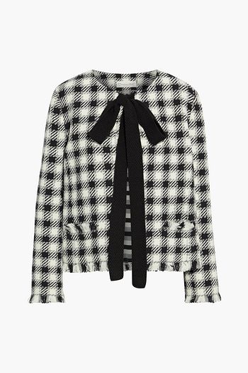 OSCAR DE LA RENTA Pussy-bow frayed gingham tweed jacket