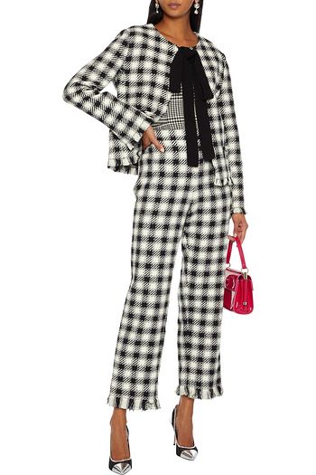 OSCAR DE LA RENTA Pussy-bow frayed gingham tweed jacket