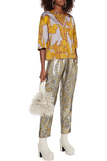 DRIES VAN NOTEN Metallic silk-blend brocade tapered pants