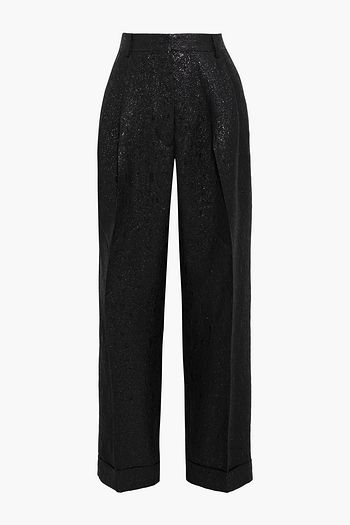 DRIES VAN NOTEN Pleated metallic wool-blend jacquard straight-leg pants