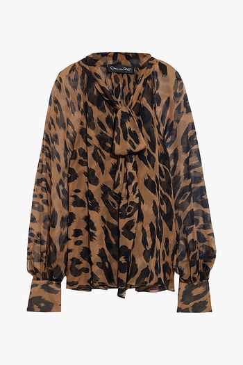 OSCAR DE LA RENTA Pussy-bow leopard-print silk-chiffon blouse