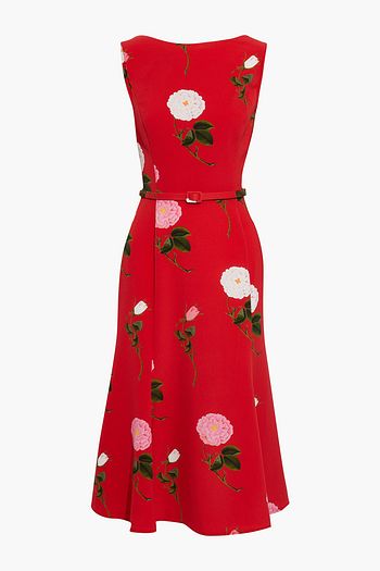 OSCAR DE LA RENTA Belted floral-print crepe midi dress