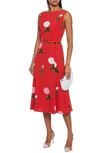 OSCAR DE LA RENTA Belted floral-print crepe midi dress