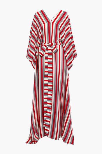 OSCAR DE LA RENTA Belted striped silk crepe de chine kaftan