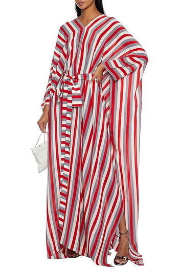 OSCAR DE LA RENTA Belted striped silk crepe de chine kaftan