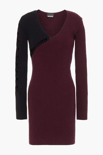 JUST CAVALLI Lattice-trimmed two-tone ribbed-knit mini dress
