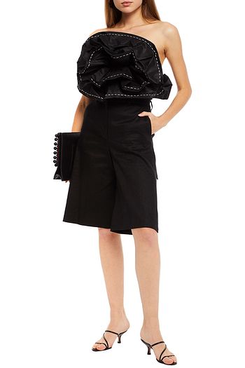 JOHANNA ORTIZ Strapless gathered topstitched silk-taffeta top