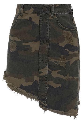 RETROFÊTE Maeve asymmetric distressed printed denim mini skirt
