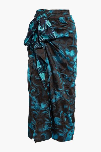 DRIES VAN NOTEN Suisse printed satin-paneled ruffled jacquard midi skirt