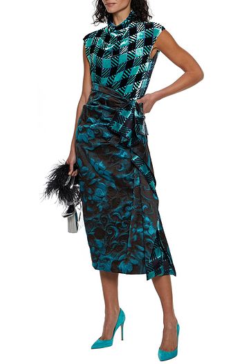 DRIES VAN NOTEN Suisse printed satin-paneled ruffled jacquard midi skirt