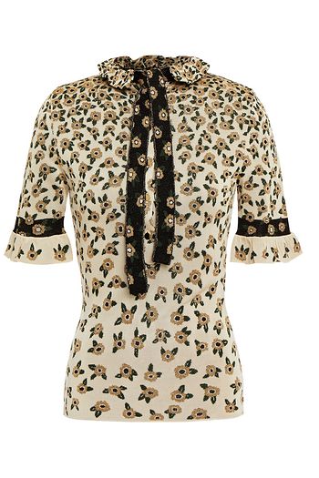 PACO RABANNE Tie-neck ruffled metallic jacquard-knit top
