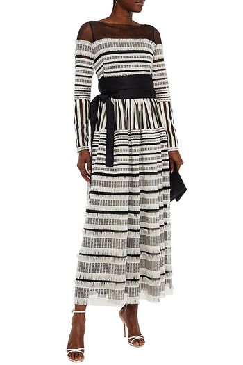 AMANDA WAKELEY Belted velvet-trimmed embroidered fringed tulle maxi dress