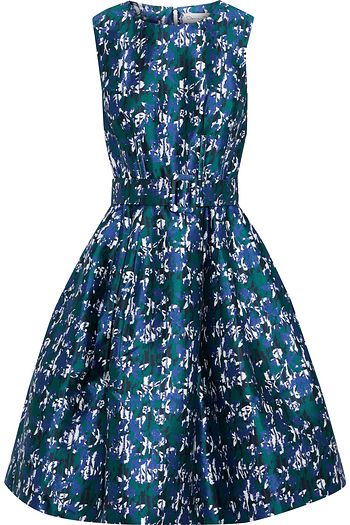 OSCAR DE LA RENTA Belted printed silk and cotton-blend twill dress
