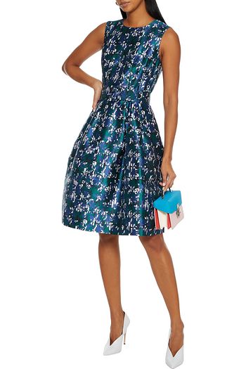 OSCAR DE LA RENTA Belted printed silk and cotton-blend twill dress
