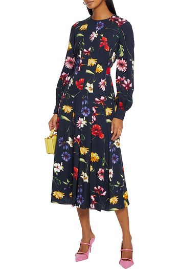 OSCAR DE LA RENTA Tie-back floral-print crepe midi dress