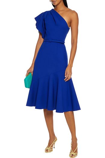 OSCAR DE LA RENTA One-shoulder belted gathered wool-blend dress