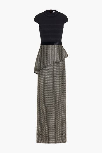 AMANDA WAKELEY Jacquard-paneled velvet-trimmed ruffled stretch-knit maxi dress