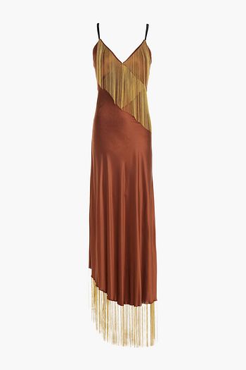 AMANDA WAKELEY Velvet-trimmed fringed washed-silk maxi dress