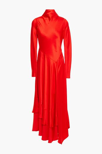 AMANDA WAKELEY Tie-neck tiered pleated satin maxi dress