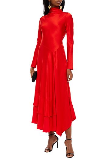AMANDA WAKELEY Tie-neck tiered pleated satin maxi dress