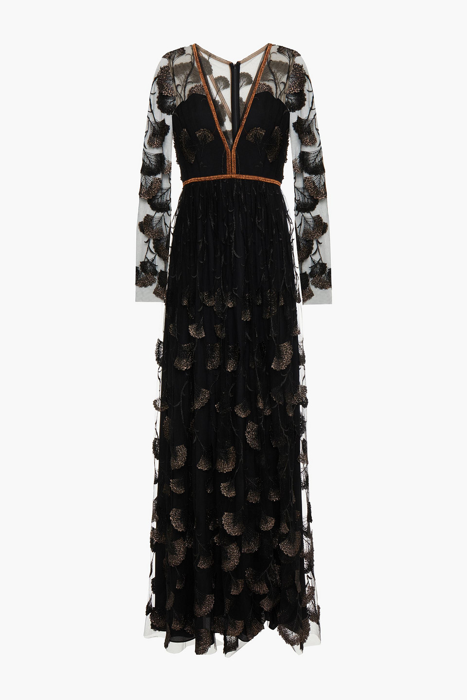 Frayed Metallic Embroidered Tulle Maxi Dress